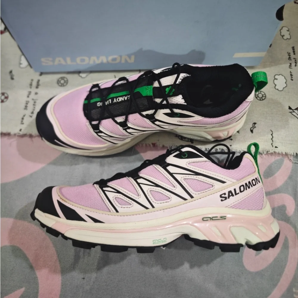 Salomon Pink and Black Women's Trail Sneakers with Green Pull Tabs